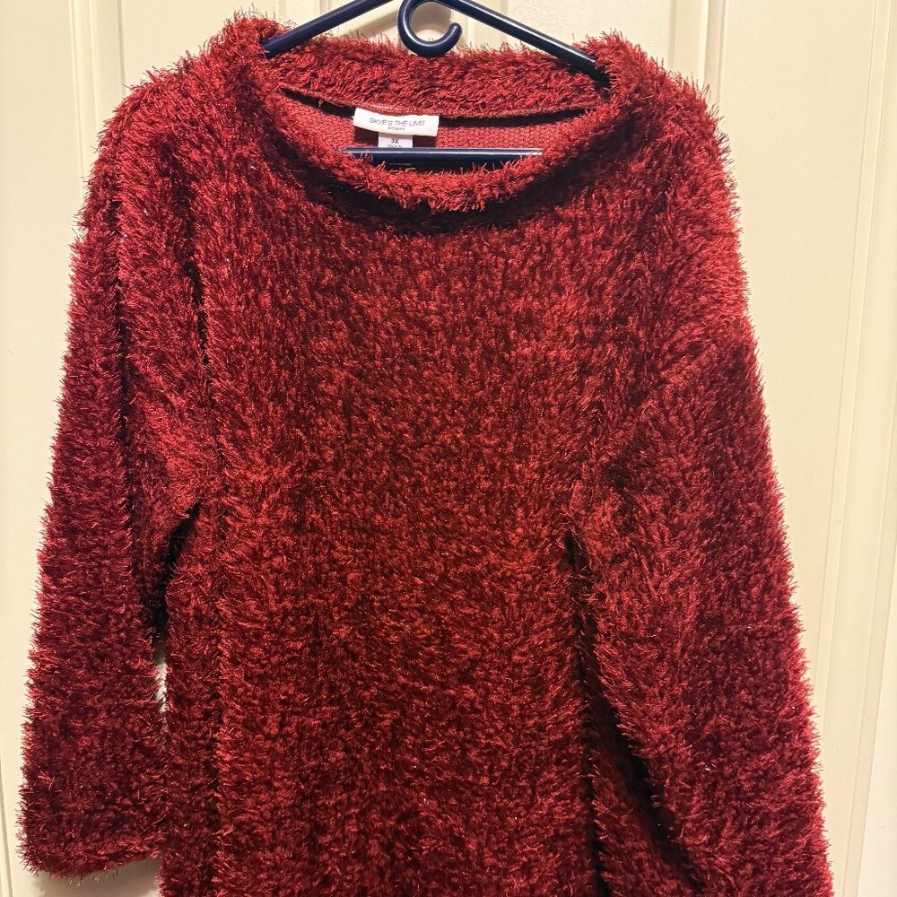 Skye's the Limit RED tinsly faux feather/eyelash sweater 3X